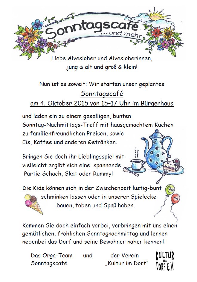 1. Sonntagskaffee Alvesloher Vereine 4.10.2015 um 15.00 - 17.00 Uhr