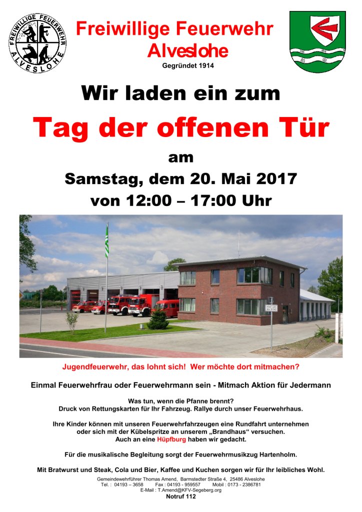 Tag der offennen Tür bei der Freiwilligen Feuerwehr Alveslohe am 20. Mai 2017 von 12.00 - 17-00 Uhr