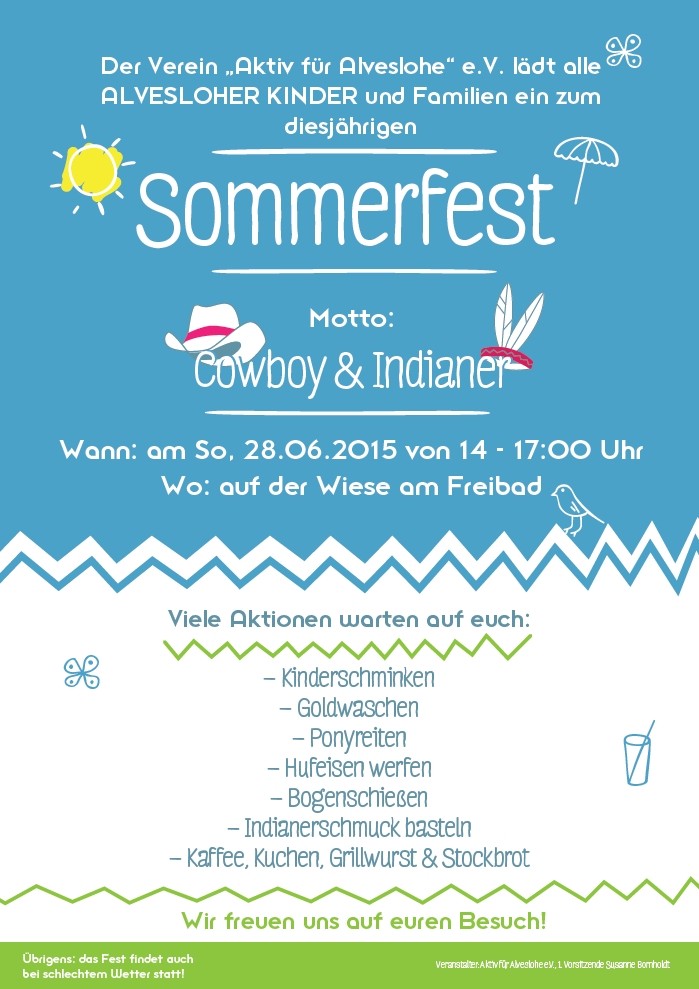 Sommerfest von Aktiv für Alveslohe e.V. am 28.6. auf der Wiese am Freibad von 14.00 Uhhr bis 17.00 Uhr