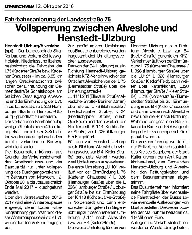 Artikel der Umschau vom 12.10.16 zur Straßensanierung L75 Alveslohe - Kaden - Henstedt-Ulzburg