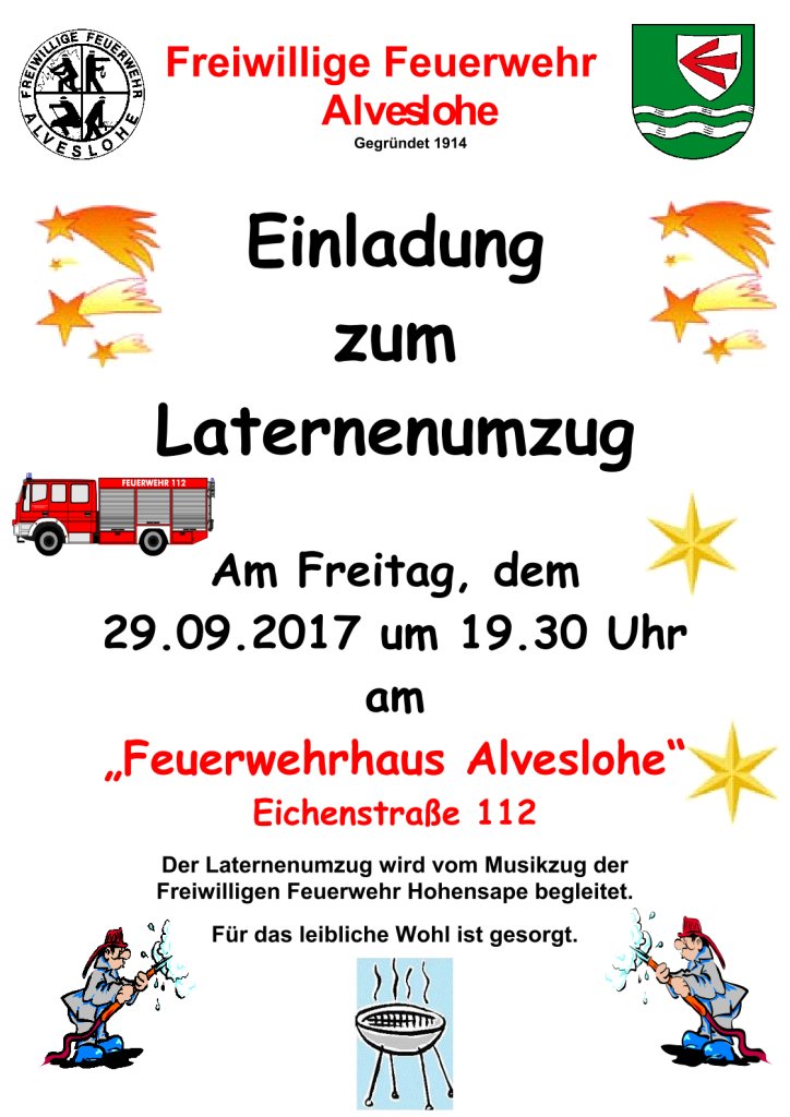Einladung zum Laternenumzug der Freiwilligen Feuerwehr am 29.09. um 19.30
