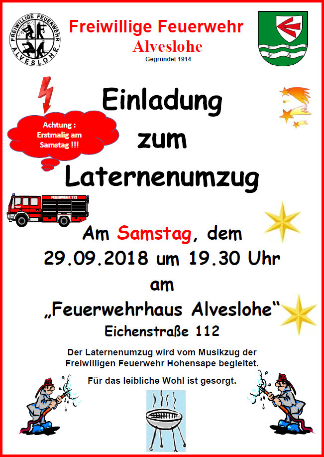 Laternenumzug der Freiwilligen Feuerwehr am 29.9.18 um 19.30 am Feuerwehrhaus Alveslohe