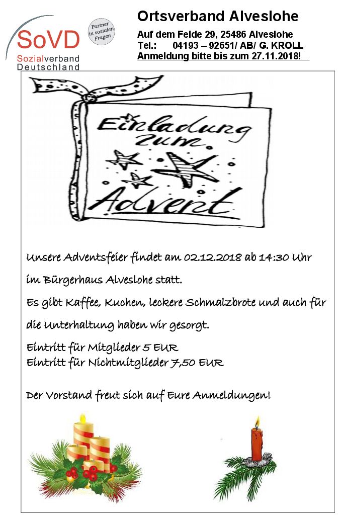 SoVD Ortsverband Alveslohe Adventsfeier am 2.12.18 um 14.30 Uhr