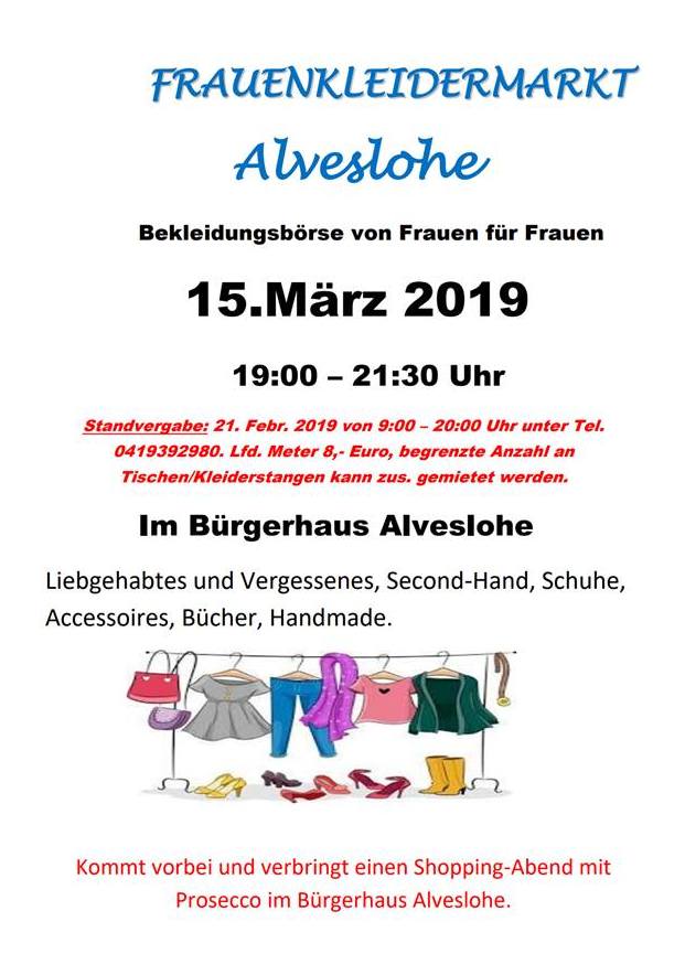 Frauenkleidermarkt in Alveslohe am 15.3.von 19.00 bis 21.30 Uhr im Bürgerhaus