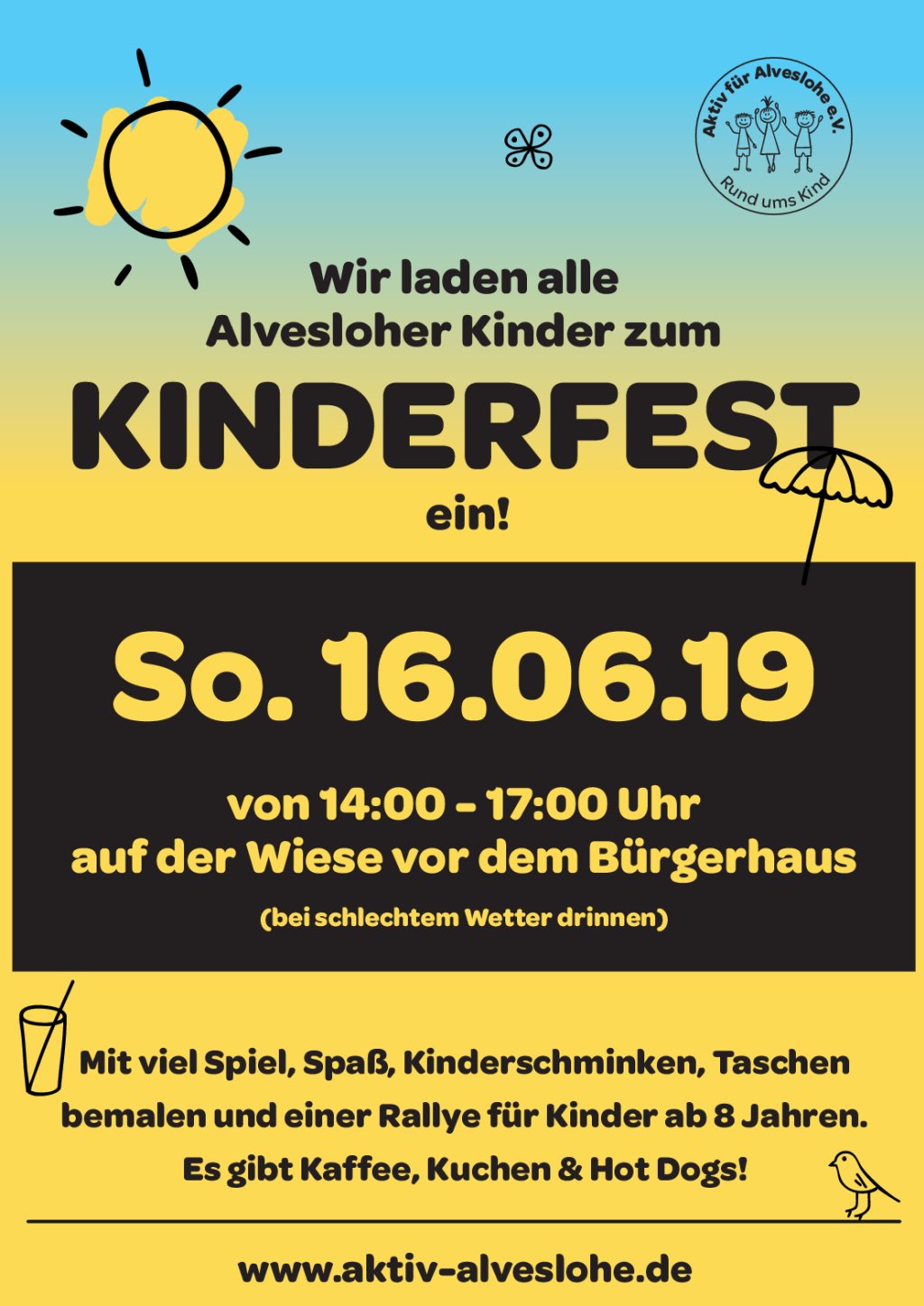 Kinderfest am 16.6.19 von 14.00 - 17.00 Uhr vor dem Bürgerhaus Alveslohe
