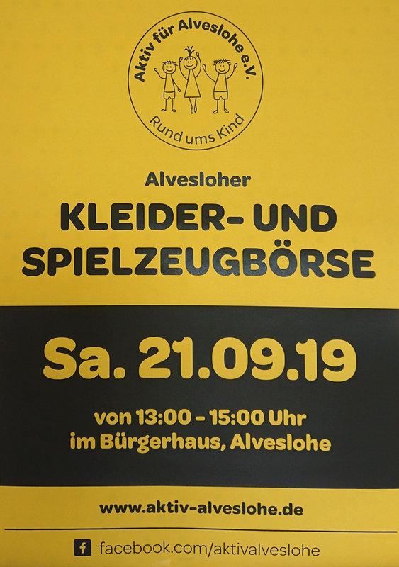 Kleider und Spielzeugbörse am 21. 9. 2019 von 13:00 bis 15:00 Uhr im Bürgerhaus Alveslohe