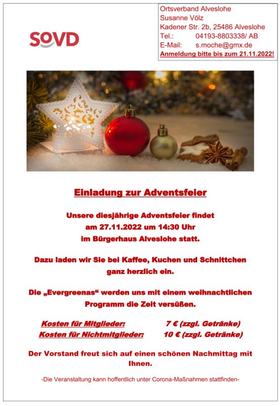 SoVD Alveslohe Adventsfeier 27.11.2022 14.30 Bürgerhaus