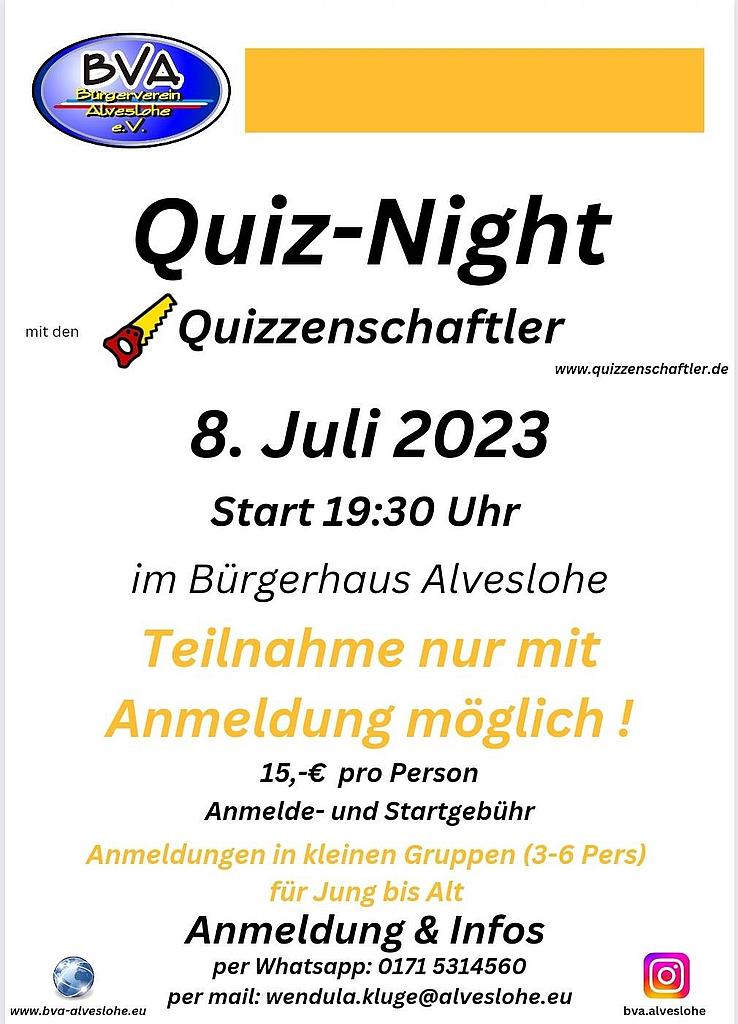 Die Quiz-Night am 8. Juli Start 19.30 im Bürgerhaus