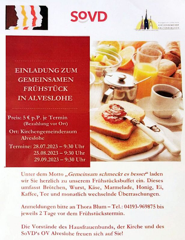 Frühstück - Gemeinsam schmeckt es besser. Hausfrauenbund, SoVD OV Alveslohe, Alvesloher Kirchegmeinde