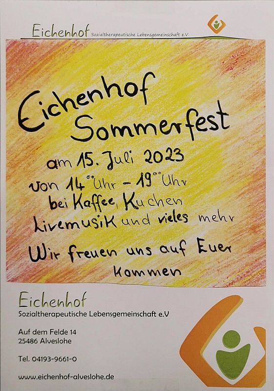 Eichenhof Sommerfest am 15. Juli 2023 von 14.00 Uhr bis 19.00 Uhr