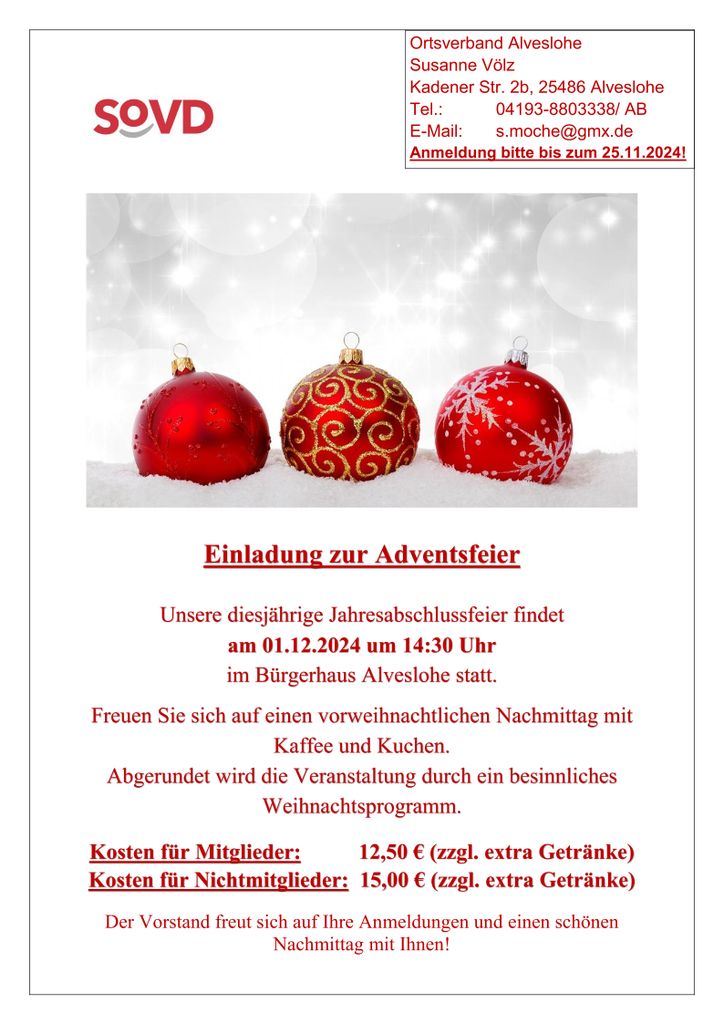 Einladung zur Adventsfeier des SoVD Ortsverband Alveslohe am 01.12.2024 um 14.30 im Bürgerhaus Alveslohe