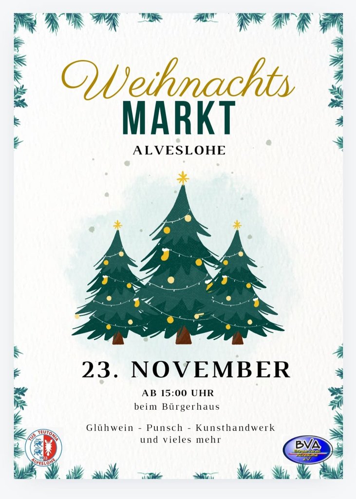 Der BVA und TuS Weihnachtsmarkt startet um 15.00 UHr am 23.11.24 beim Bürgerhaus