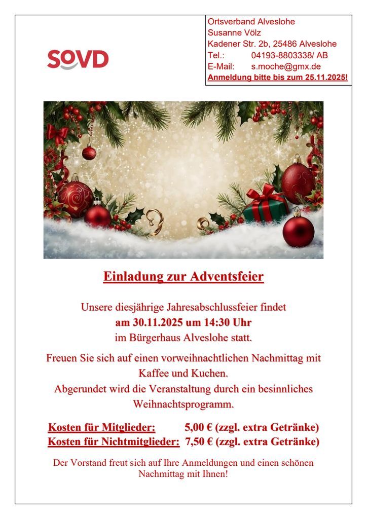 Einladung zur Adventsfeier des SoVD Ortsverband Alveslohe am 30.11.2025 um 14.30 im Bürgerhaus Alveslohe