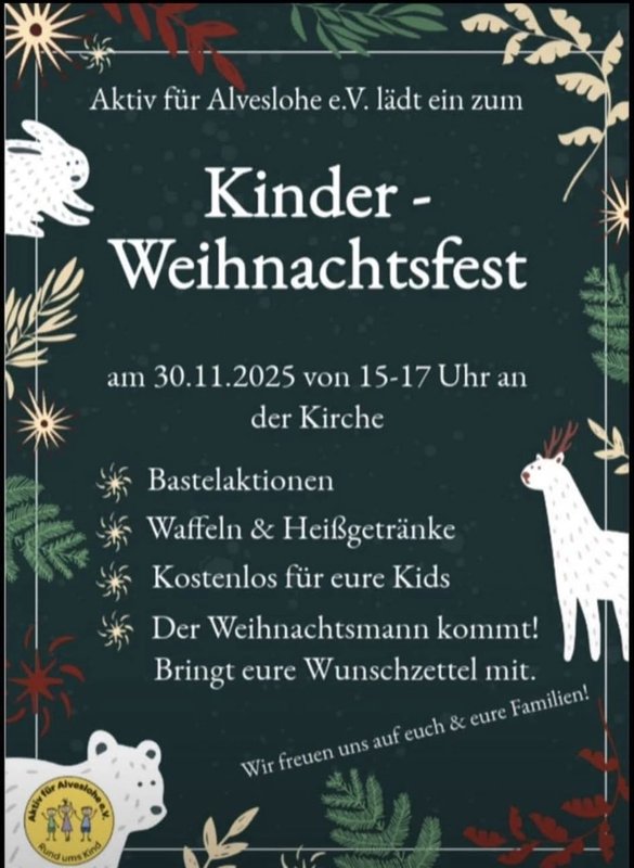 Aktiv für Alveslohe e.V. lädt ein zum Kinder-Weihnachtsfest