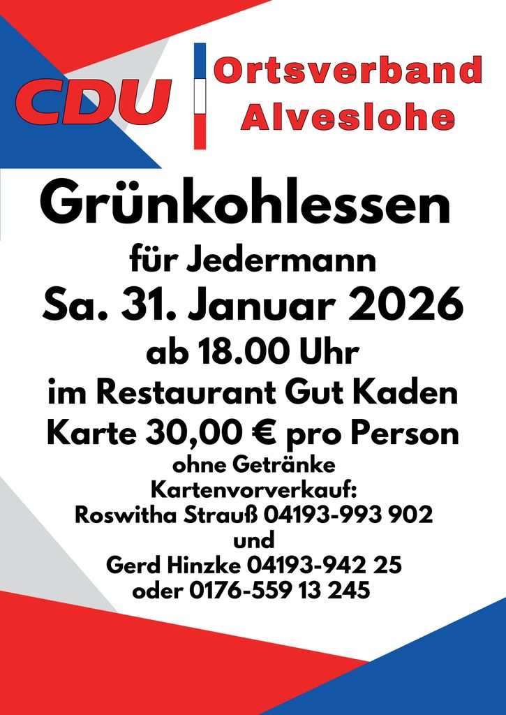 Grünkohlessen des Ortsverbands Alveslohe für Jedermann auf Gut Kaden am 31.1.2026