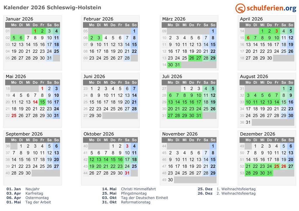 Fereinkalender 2026 Schleswig Holstein Quelle Schulferien.org