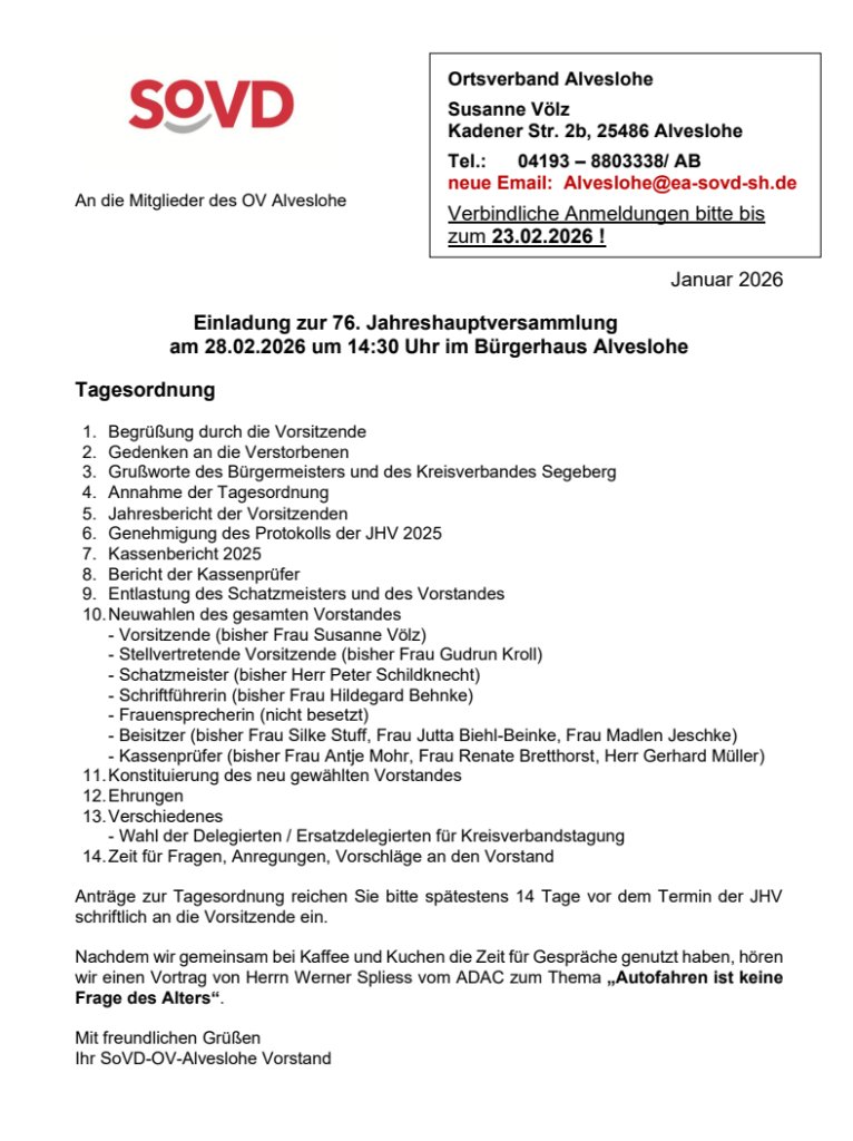 Jahreshauptversammlung des SoVD Ortsverbandes Alveslohe 2026
