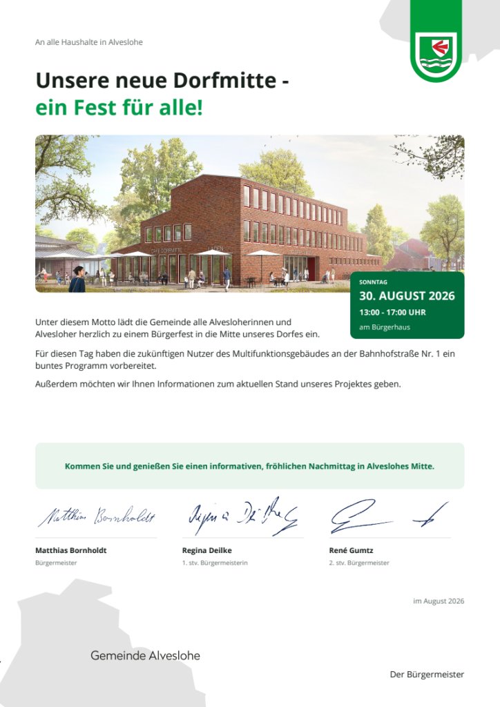 Einladung zum Fest zur neuen Dorfmitte am 30. August 2026 13.00 - 17.00 Uhr